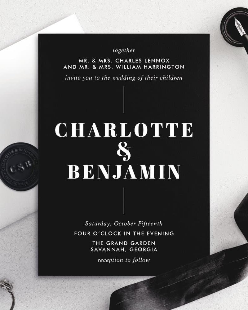 Black wedding invitation for Charlotte and Benjamin, with details of the date, time, and location.