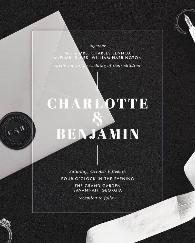 Clear acrylic wedding invitation for Charlotte and Benjamin, October 15th.