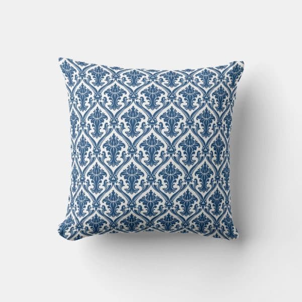 Blue And White Damask Patterned Throw Pillow.