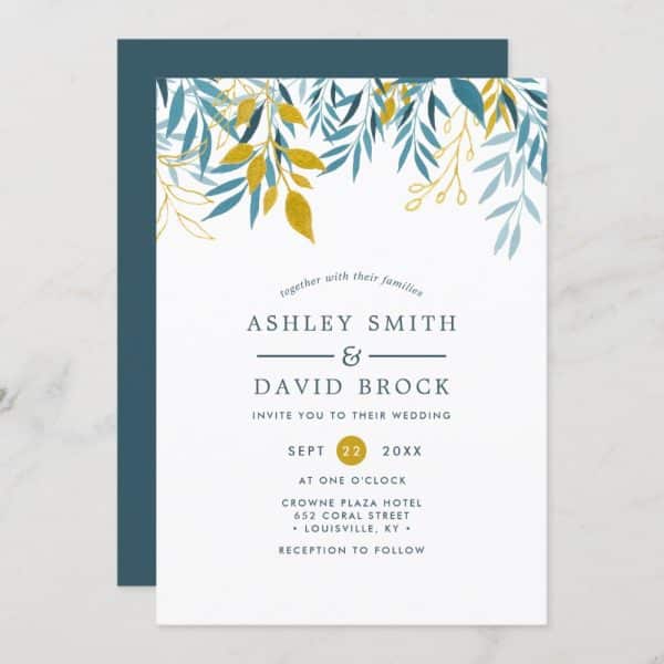 Wedding Invitation With Teal And Gold Leafy Border, Announcing Ashley Smith And David Brock'S Wedding.