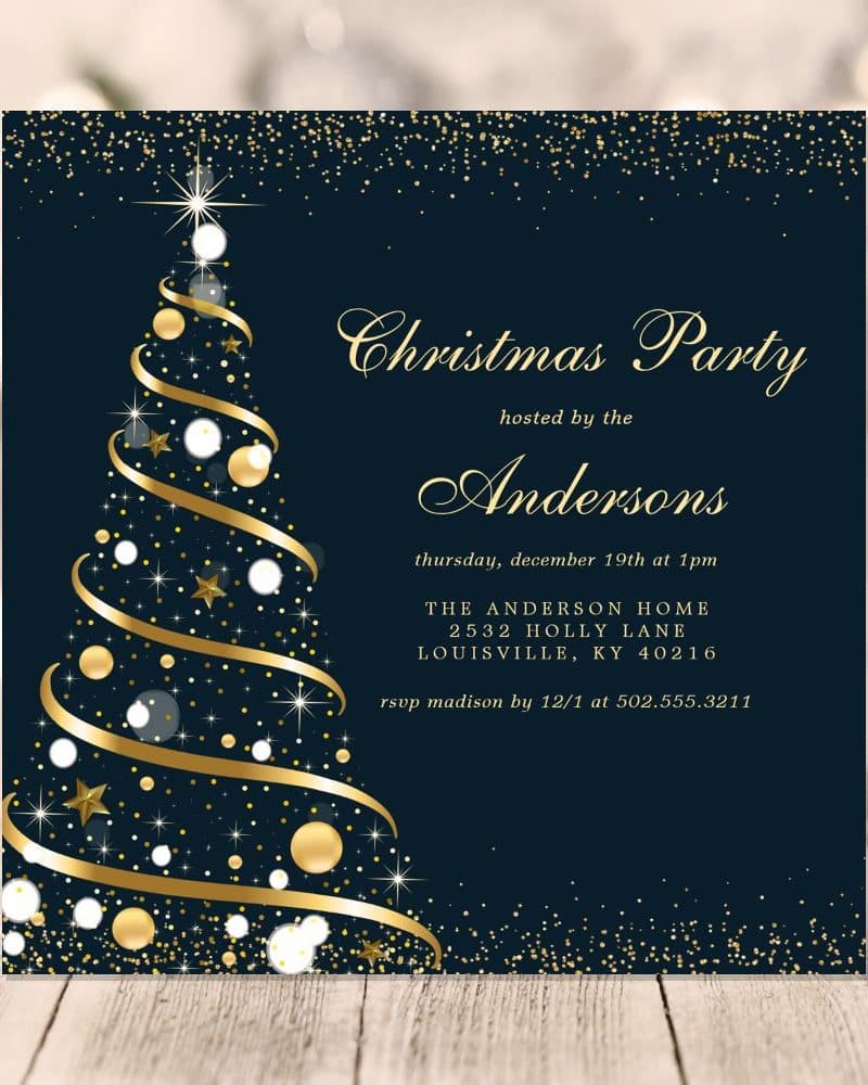 A dark-blue Christmas party invitation featuring a gold and white stylized Christmas tree.