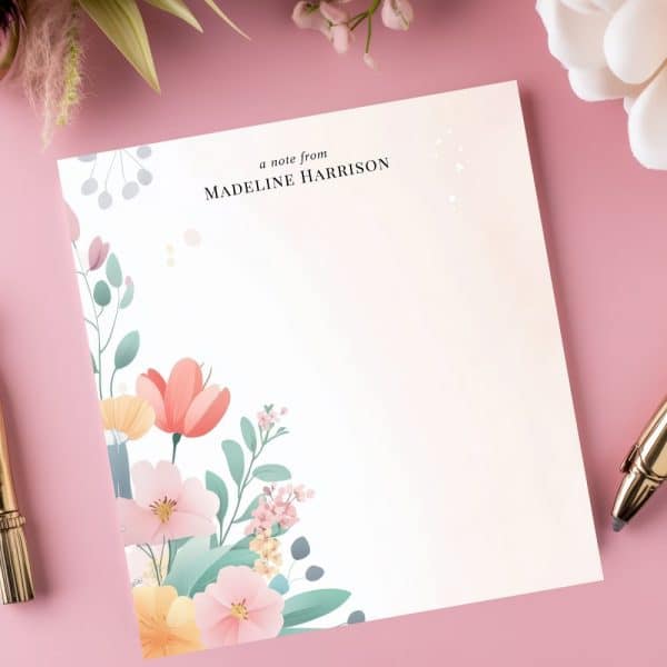 Floral Stationery Notepad With Madeline Harrison'S Name At The Top.