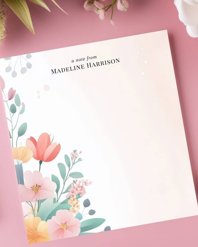 Floral stationery notepad with Madeline Harrison's name at the top.