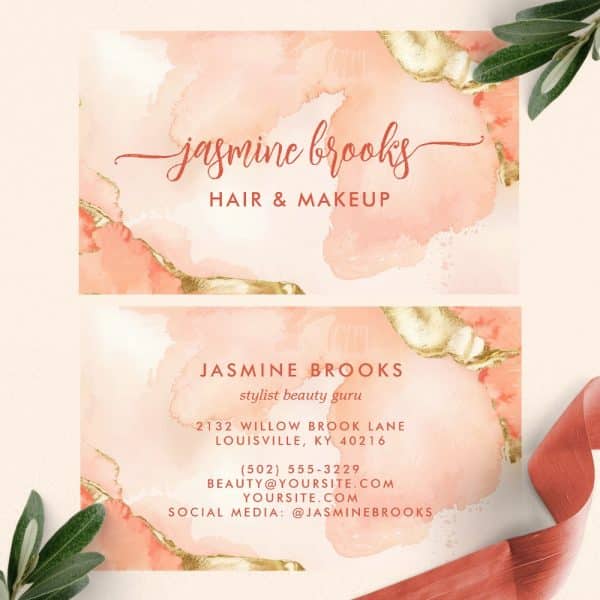 Peach And Gold Business Card For Jasmine Brooks, Hair And Makeup Stylist.