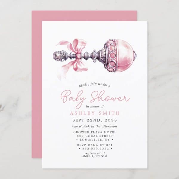 Baby Shower Invitation Featuring A Pink Rattle With A Pink Ribbon.