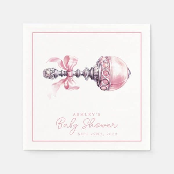 Pink And Silver Baby Rattle With A Pink Ribbon, Ashley'S Baby Shower Invitation, September 22, 2033.