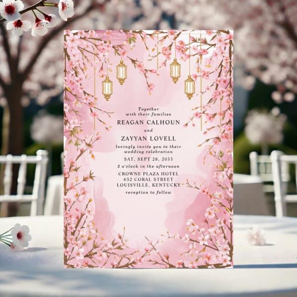 Pink Wedding Invitation With Cherry Blossoms And Lanterns, Announcing The Wedding Of Reagan Calhoun And Zayyan Lovell.