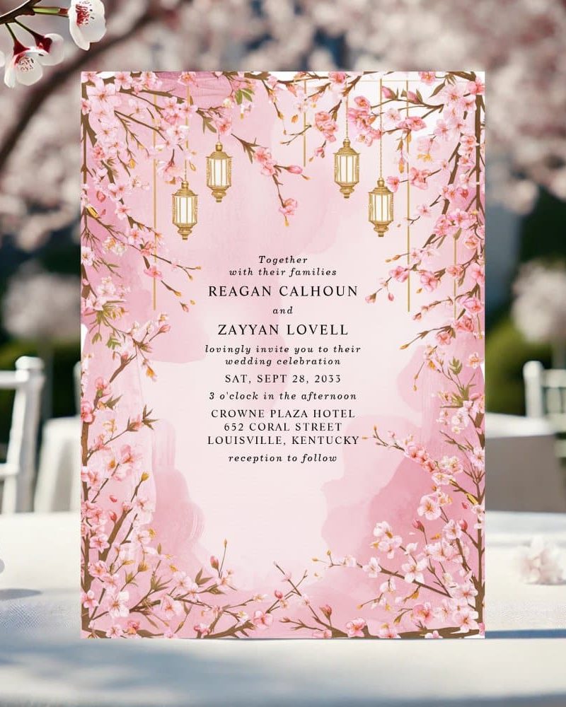 Pink wedding invitation with cherry blossoms and lanterns, announcing the wedding of Reagan Calhoun and Zayyan Lovell.