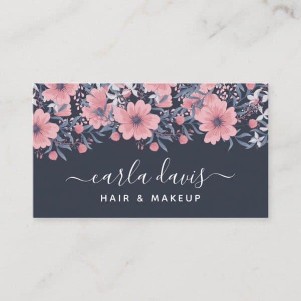 Floral Business Card For Carla Davis, Hair &Amp; Makeup. Pink And Blue Flowers Across The Top.