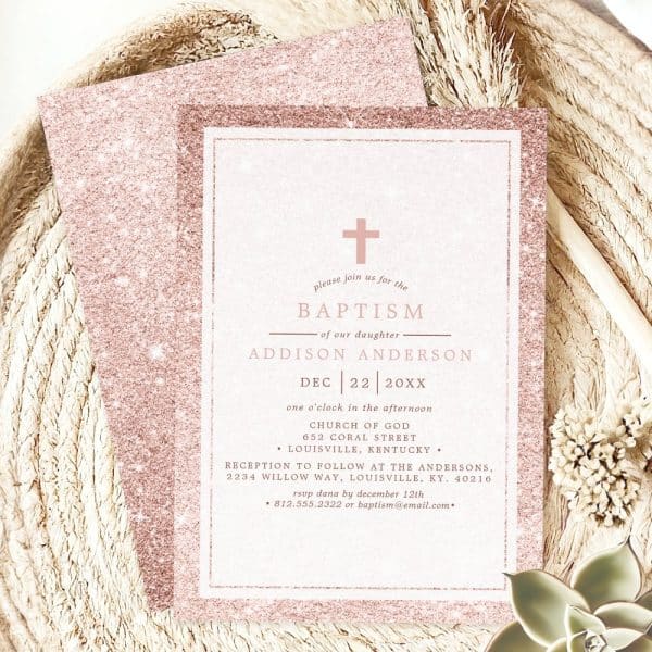 Rose Gold Glitter Baptism Invitation For Addison Anderson.