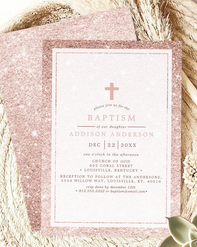 Rose gold glitter baptism invitation for Addison Anderson.