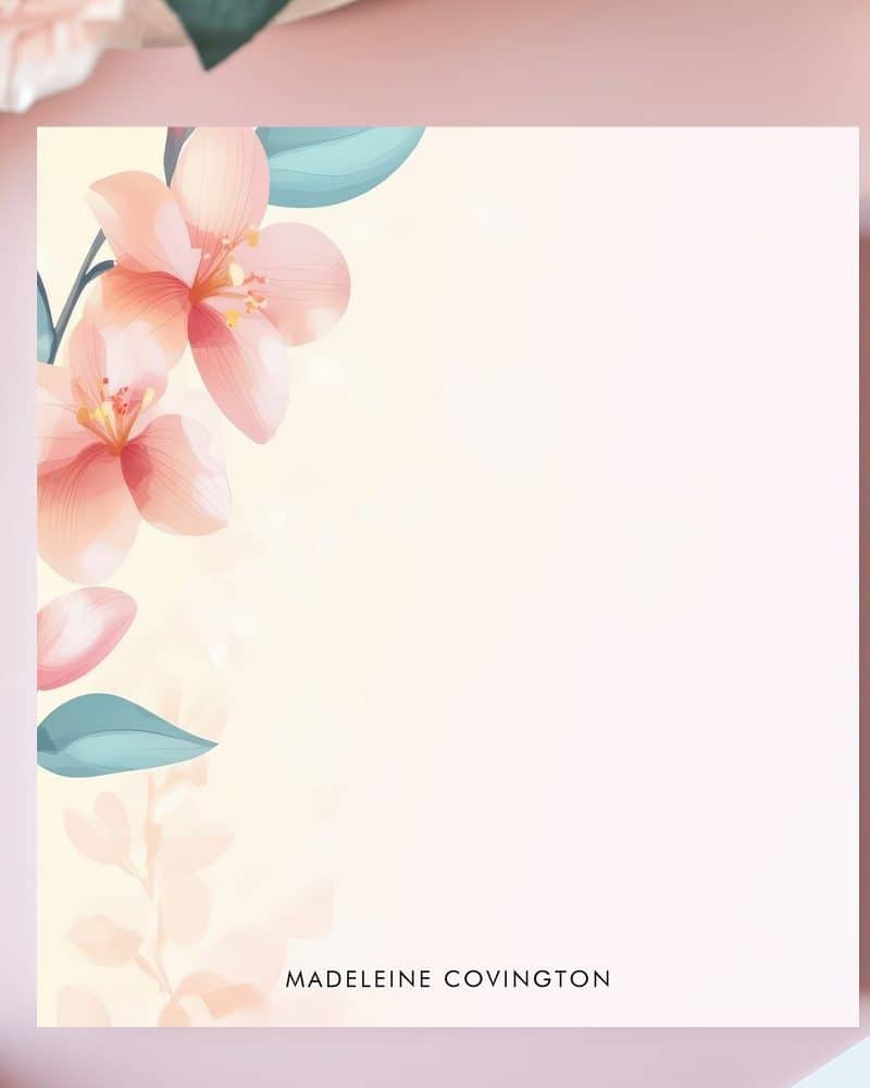 Pink floral stationery with the name Madeleine Covington.