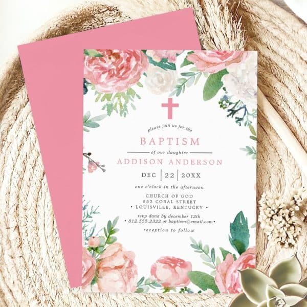 Baptism Invitation For Addison Anderson, Featuring A Watercolor Floral Design In Pink And White.