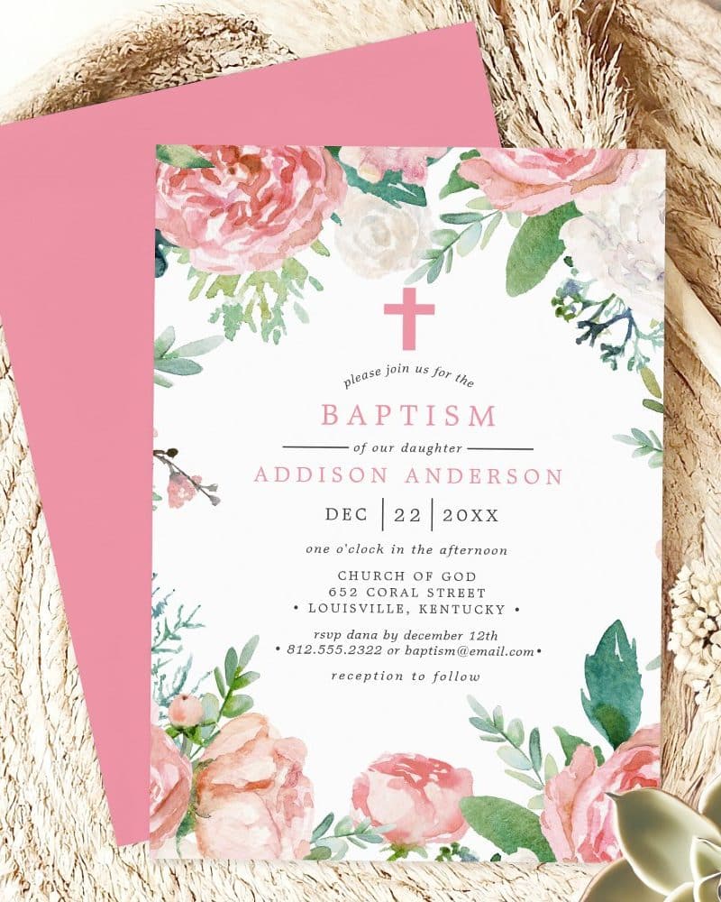 Baptism invitation for Addison Anderson, featuring a watercolor floral design in pink and white.
