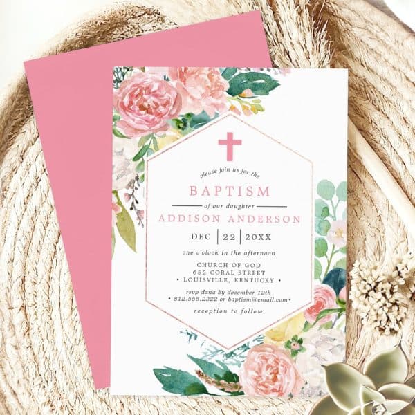 Baptism Invitation For Addison Anderson, Featuring Pink Floral Watercolor Design.