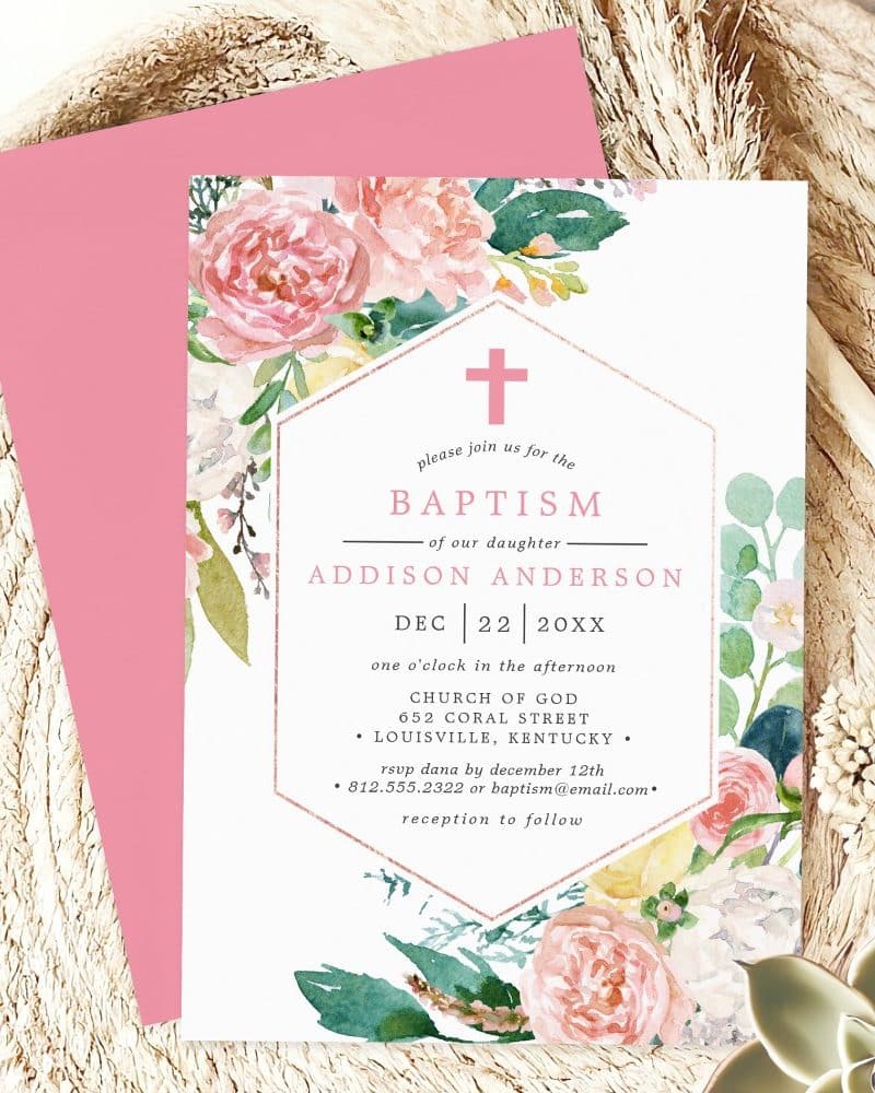 Baptism invitation for Addison Anderson, featuring pink floral watercolor design.