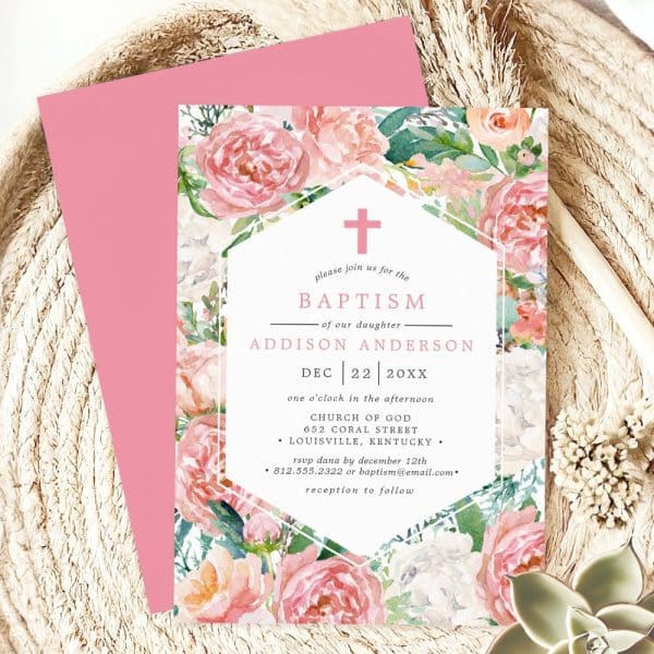Pink Floral Baptism Invitation For Addison Anderson.
