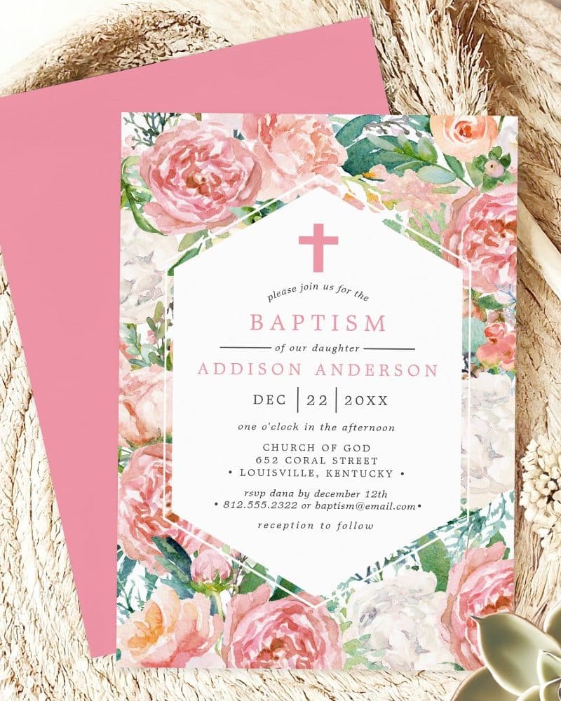Pink floral baptism invitation for Addison Anderson.
