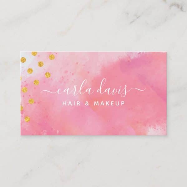 Pink Watercolor Business Card With Gold Glitter And Carla Davis Hair &Amp; Makeup In Elegant Script.