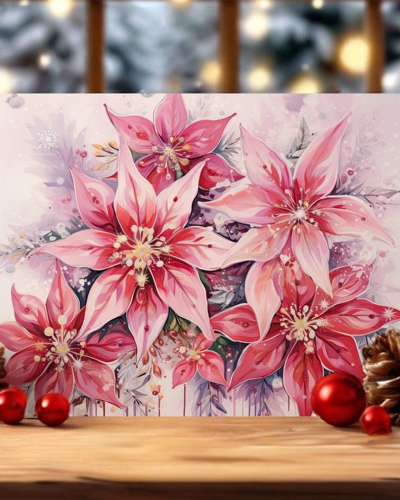 Painting of a cluster of pink poinsettias.