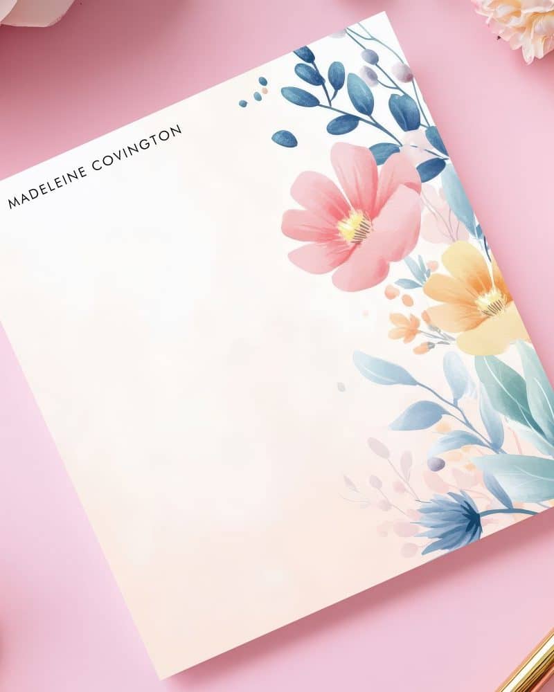 Floral notepad with Madeleine Covington's name at the top.