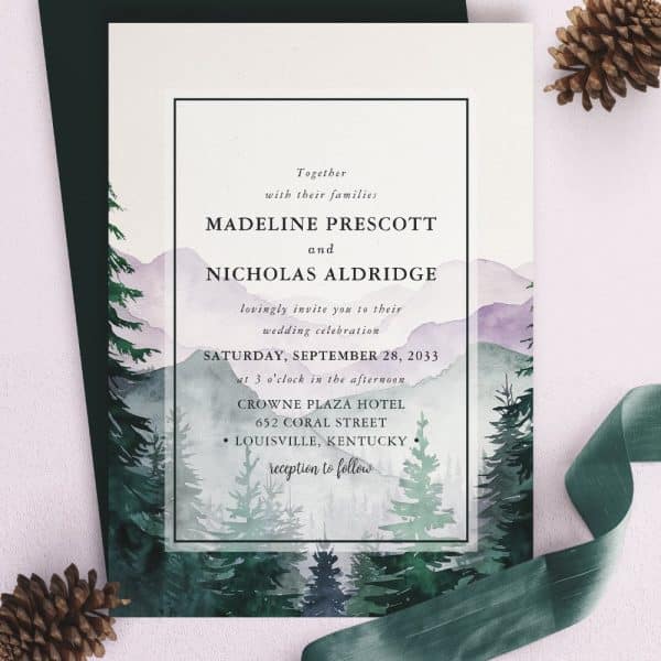 Wedding Invitation Featuring A Watercolor Landscape Of Mountains And Pine Trees.