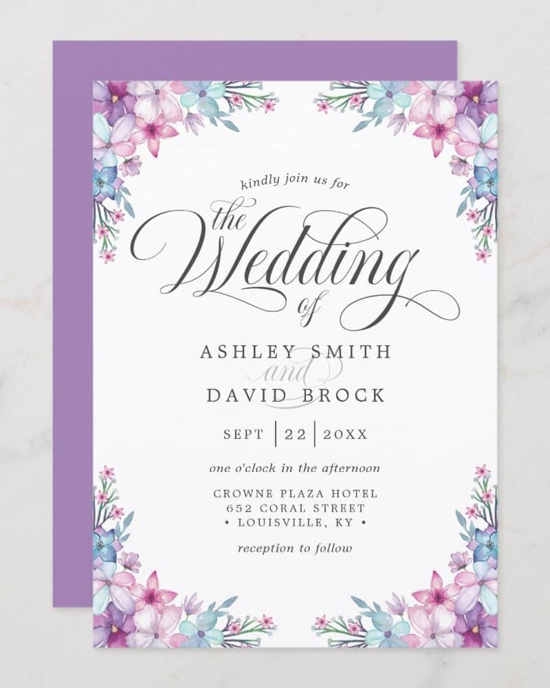 Wedding invitation for Ashley Smith and David Brock, featuring a floral border.