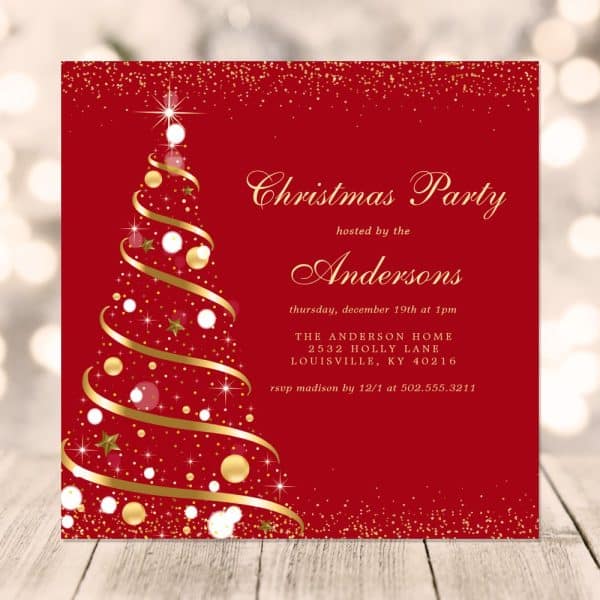 Red Christmas Party Invitation With Gold Ribbon Christmas Tree.