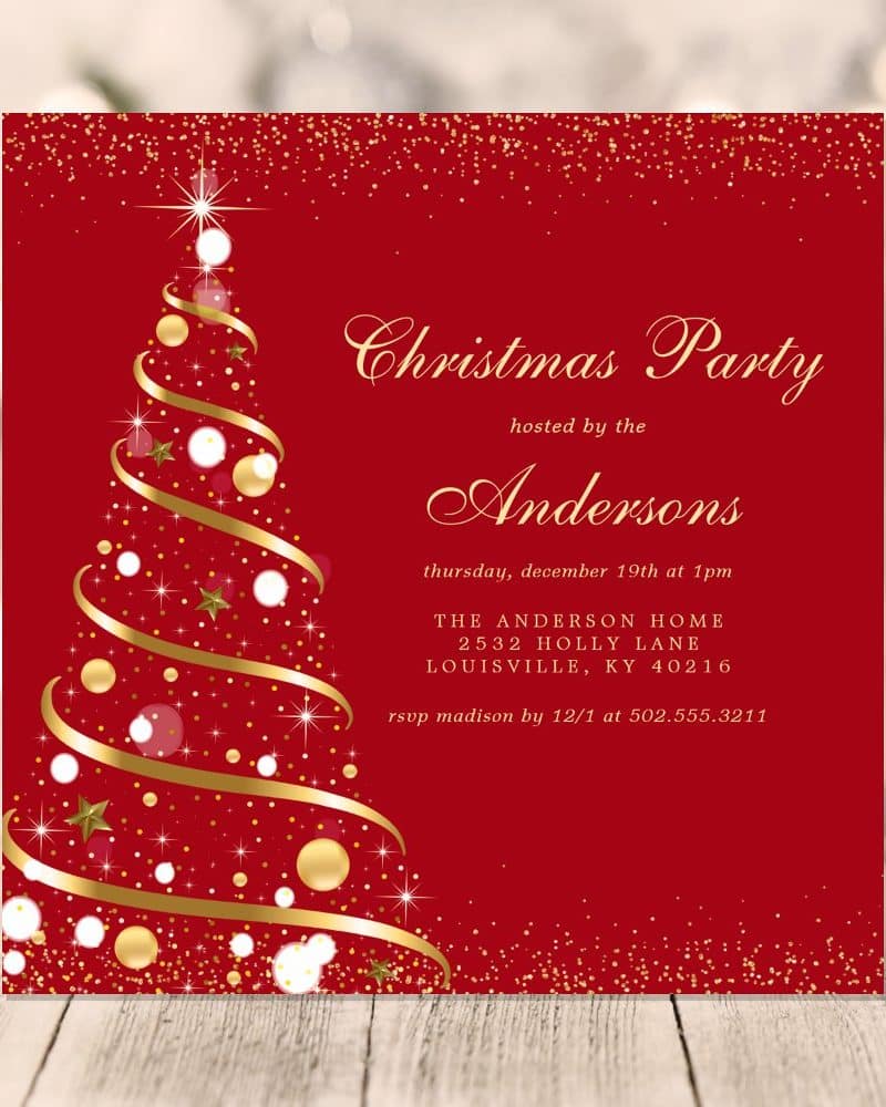 Red Christmas party invitation with gold ribbon Christmas tree.