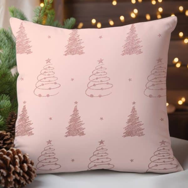 Pink Cushion With Rose Gold Glitter Christmas Trees.