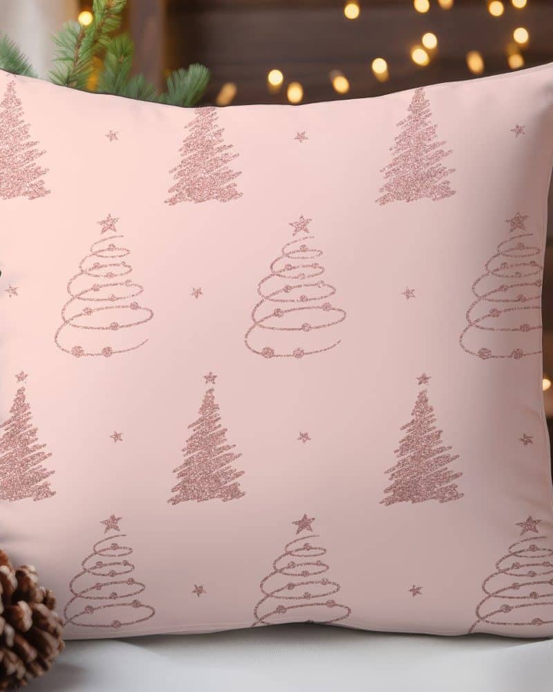 Pink cushion with rose gold glitter Christmas trees.