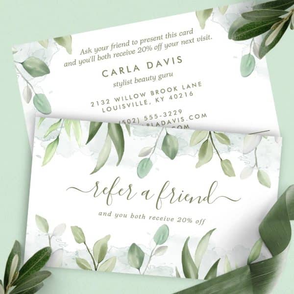 Referral Card For Carla Davis, Stylist And Beauty Guru, Featuring A Watercolor Leaf Design. The Card Offers A 20% Discount For Both The Referrer And Friend.