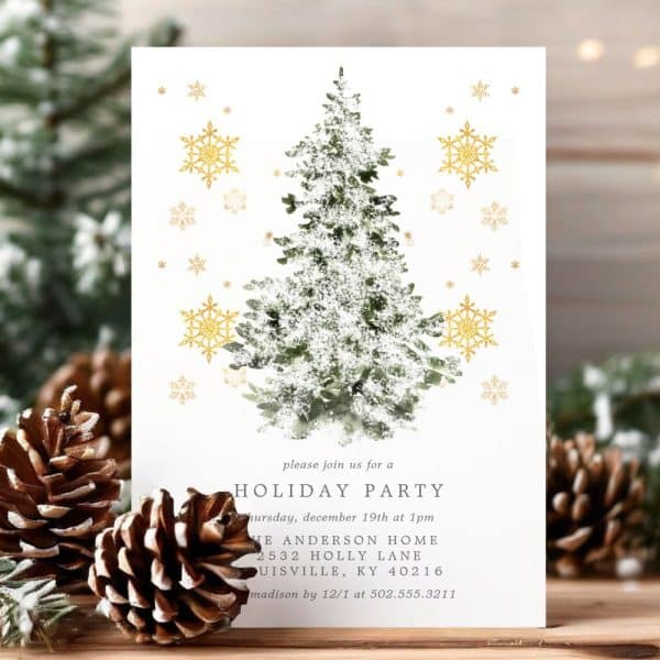 A Snow-Covered Evergreen Tree With Gold Snowflakes On A Holiday Party Invitation.