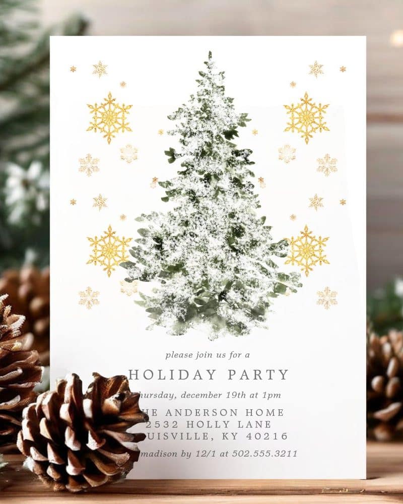A snow-covered evergreen tree with gold snowflakes on a holiday party invitation.