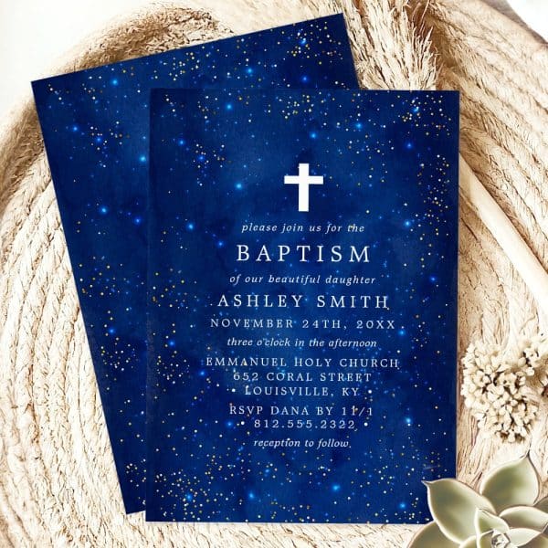 Baptism Invitation For Ashley Smith, November 24Th, At Emmanuel Holy Church, Louisville, Ky. A Navy Blue Starry Night Design.