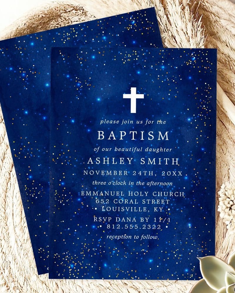 Baptism invitation for Ashley Smith, November 24th, at Emmanuel Holy Church, Louisville, KY. A navy blue starry night design.