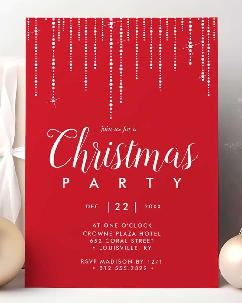 Red Christmas party invitation with white lettering and decorative white beading.