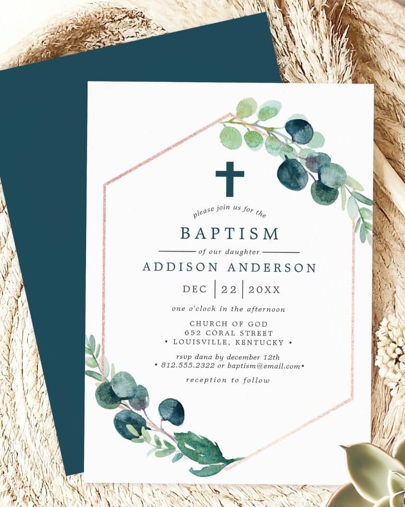 Baptism invitation for Addison Anderson, December 22nd. Features a cross and floral design.