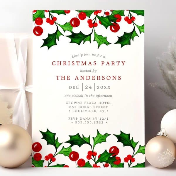 Christmas Party Invitation With Holly And Berry Border.