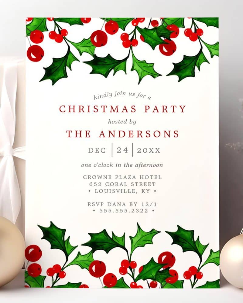 Christmas party invitation with holly and berry border.