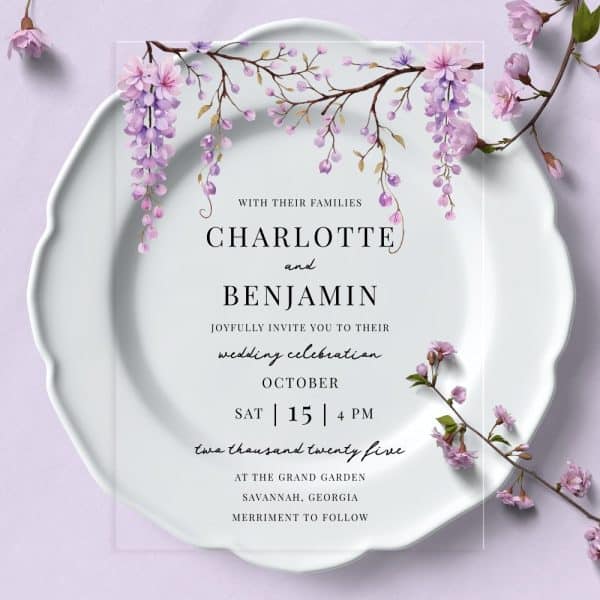 Wedding Invitation For Charlotte And Benjamin, Featuring Light Purple Flowers.