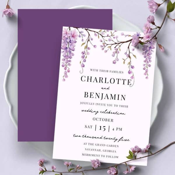 Wedding Invitation For Charlotte And Benjamin, Featuring Purple Wisteria Blossoms.