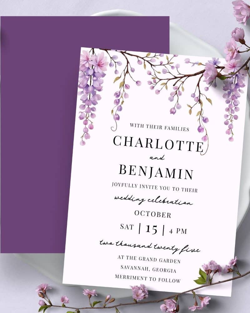 Wedding invitation for Charlotte and Benjamin, featuring purple wisteria blossoms.