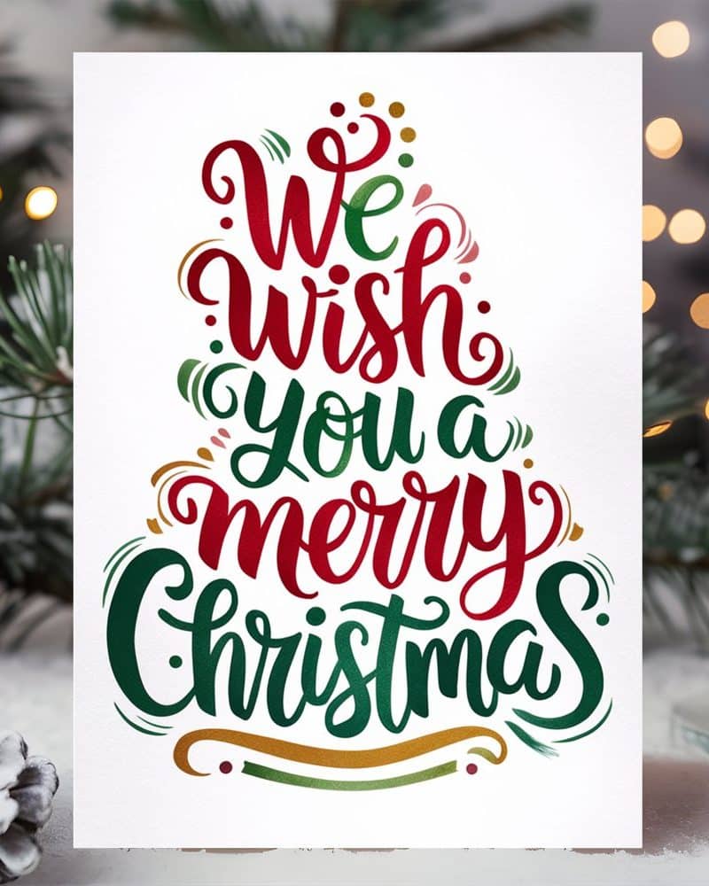 Christmas card with stylized lettering: We wish you a Merry Christmas.