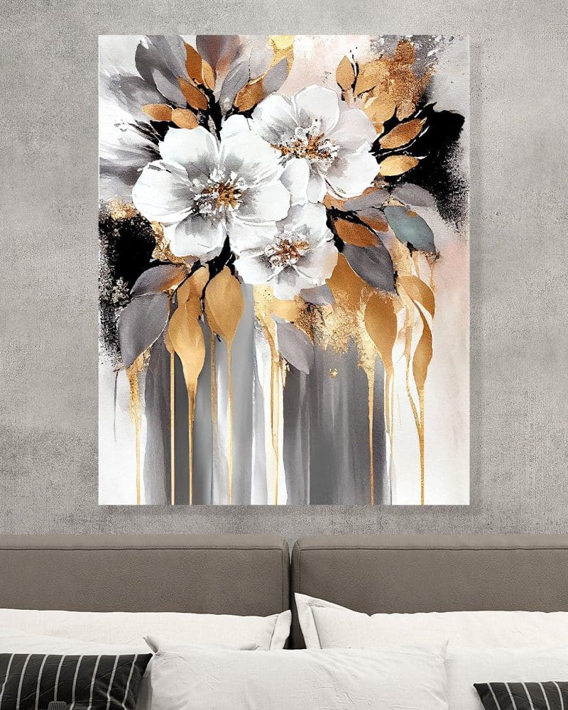 Abstract painting of white flowers with gold and gray leaves and accents.