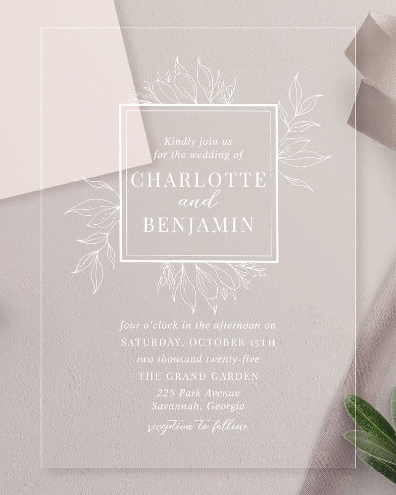 Wedding invitation for Charlotte and Benjamin, October 15th, at The Grand Garden.