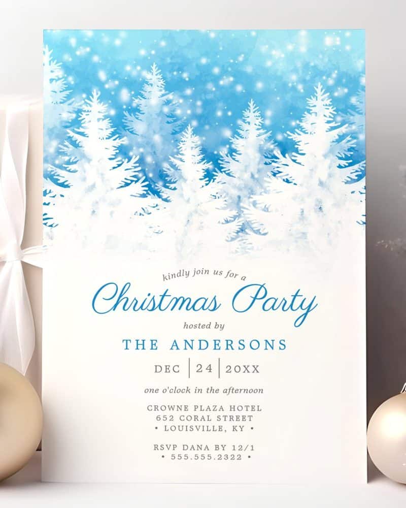 A Christmas party invitation featuring a watercolor illustration of snow-covered pine trees against a light blue sky.