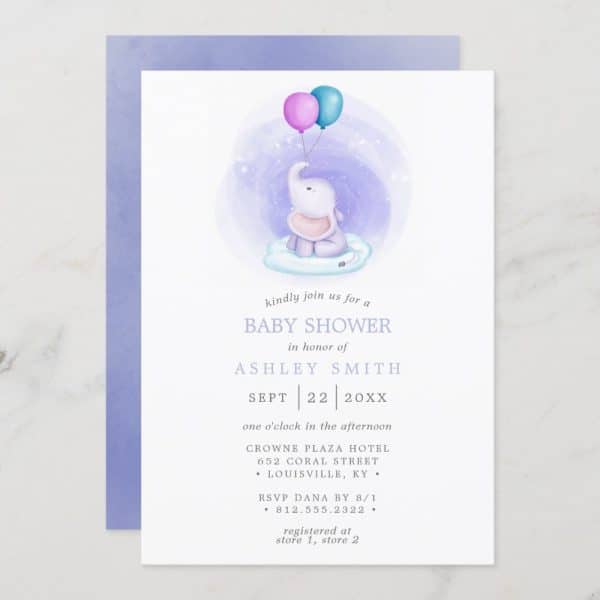 Baby Shower Invitation Featuring A Cute Cartoon Elephant Holding Two Balloons.