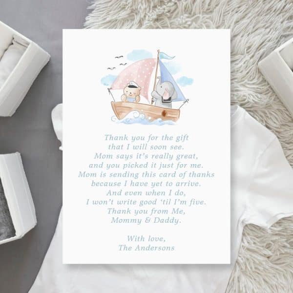 Baby Thank You Card Featuring Watercolor Illustration Of A Bear And Elephant Sailing A Boat.