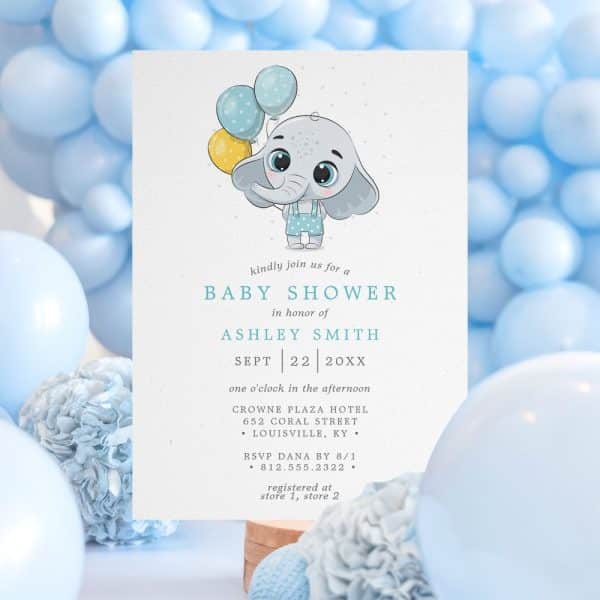 Baby Shower Invitation Featuring A Cartoon Elephant Holding Balloons.